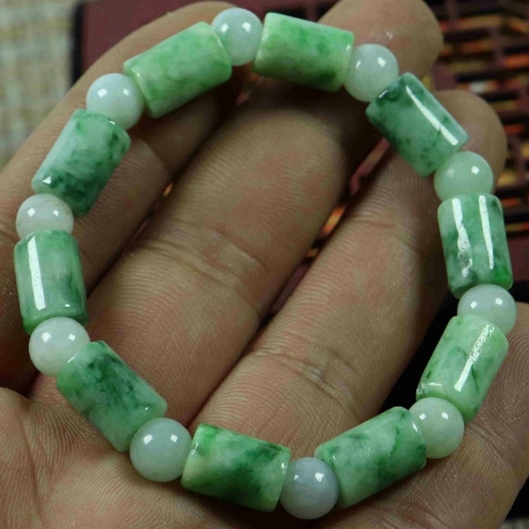 Certified Green 100% Natural A Jade Jadeite 9*9*13mm Barrel Bead Bracelet - Picture 1 of 9